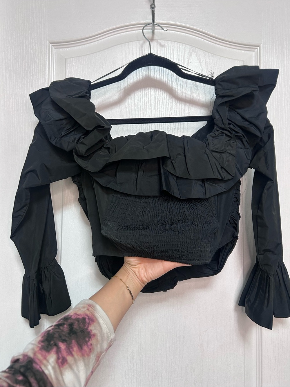 Zara Black Ruffled Off-Shoulder Ruched Crop Top - Picture 3 of 8